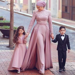 Blush Pink Arabic Muslim Women Jumpsuit Dresses Evening Wear Detachable High Neck Long Sleeves Prom Dress Moroccan Kaftan Appliques Lace Formal Party Gowns