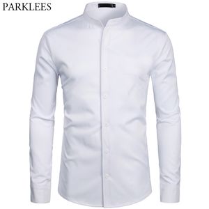 Beyaz Bantlı Yaka Elbise Gömlek Erkekler Slim Fit Uzun Kollu Casual Düğme Aşağı Gömlek Erkek İş Ofis Çalışması Chemise Homme S-2XL