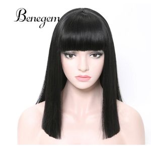 Benegem schwarze synthetische Perücke mit Pony, gerade, 16 Zoll, 40 cm, mittlere Schulterlänge, Damen-Cosplay-Perücke, hitzebeständig, ohne Spitze