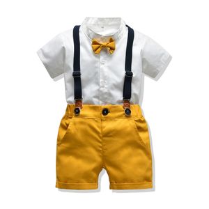 Conjunto de roupas de cavalheiro para bebê menino terno de verão para criança camisa branca com gravata borboleta + shorts suspensório roupas formais para meninos recém-nascidos