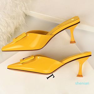 Hot sale-2020 New Style Summer Slides Women 6cm Low High Heels Mules Shales Casual Yellow Kitten Heels Slippers Sexy Buckle Glossy Shoes