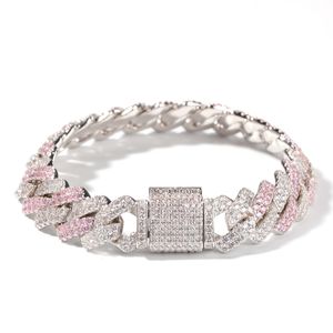 Hot Selling Vogue Hiphop Armband, Fashion Diamante Handkedjor, Silver Rosa Färgremsa Kubansk kedja, 7inch 8inch Stora armband för Mens Kedjor