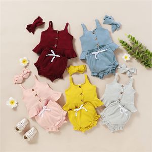 Summer Baby Clothes Sets 2022 Kids Outfits Infant Ruffles Solid Suspender Tops Shorts Headband Toddler Girls Suits