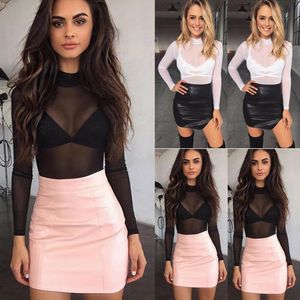 Mulheres Top Sheer Fashion Sexy Senhoras camisetas Manga Longa Top Top Clubwear Tule Malha Preto Rosa Vermelho T-shirt