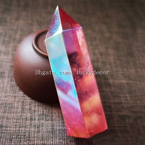 10Pcs Cracked Surface Pink Aura Titanium Coated Healing Quartz Crystal Tower Point Obelisk Faceted Prism Wand Carved Reiki Stone Figurine