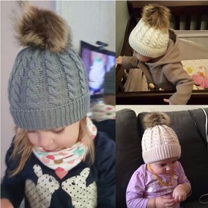 Baby Crochet Caps Kids Fur Ball Twisted Knitted Hats Imitation Braid Hair Ball Wool Cap Children Winter warm Hat 9 Colors Accessories M559