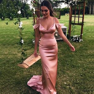 Simple Sheath Evening Dresses Fit Satin Mermaid Champagne Evening Gown Side Sleeves Prom Dress Sexy V neckline Long Tail