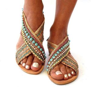 Summer Women Sandals Cross-Strap Beading Flat Sandals Foreign Ethnic Style Bohemian Beach Shoes Female Sandalias Shoes Plus Size 0922