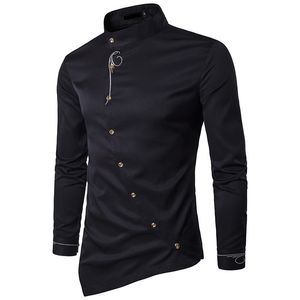 Men's Dress Shirts 2021 Spring Autumn Embroidery Irregular Oblique Button Brought High-grade El Waiter Men Clothes Camisa Social