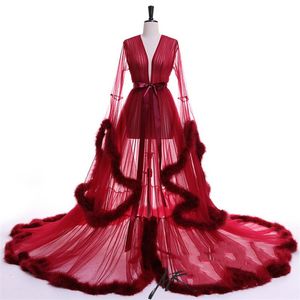 Newest Illusion Night Gown Red Bride Sleepwear Robes Sexy Feather Tulle Custom Made Long Sleeves Dressing Gown Women Sexy Sleepwear Dresses