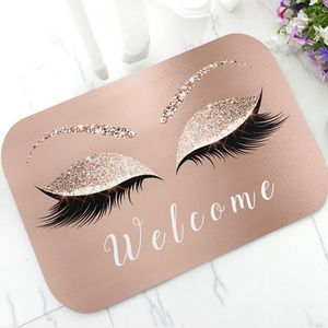 Trendy Rose Gold Glitter Eyelash Lashes Welcome Door Mat Sparkly Makeup Rubber Doormat Rug Carpet Chic Home Beauty Studio Decor Y2259V