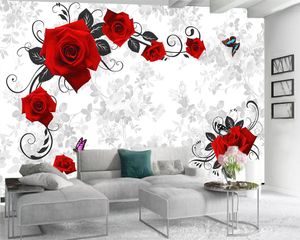 3D-Schlafzimmer-Tapete, romantische Blumen-3D-Tapete, rote, zarte Rosen, 3D-Tapete für Wohnzimmer, individuelles Foto