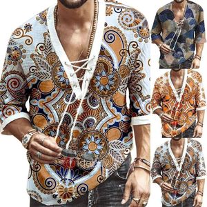 2020 nova moda masculina outono meia manga com decote em v estampa floral peito renda-up camisa camiseta topo