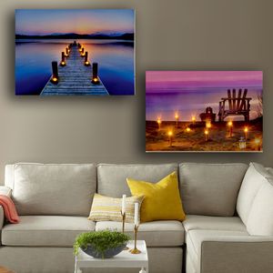 Lake and Beach Scene Flicking LED Wall Picture with Candles canvas painting with led light for home decorative Y200102