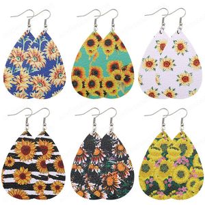 Wholesale teardrop lights resale online - Boho Sunflower Print PU Faux Leather Earrings Teardrop Drop Dangle Earrings for Women Light Weight Beach Jewelry