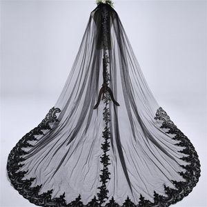 2021 Black Wedding Veils Cathedral Length Bridal Veils Accessories Appliques Lace Edge One Layer with Combs Wedding Veil Custom Made