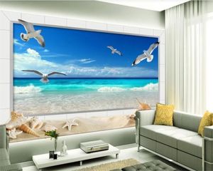 3D Seascape Papel de Parede Sonho Praia Starfish Conch 3d Janela Sala de Living TV Fundo de Parede Decoração Interior Seda Papel de Parede