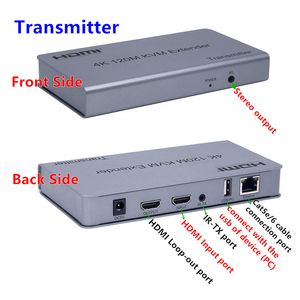 Freeshipping HD-MI KVM Extender USB-mus / tangentbordstillägg 120m med katt / RJ45 / LAN / UTP Nätverkskabel IR-kontroll TX / RX 3,5 mm R / L AUDIO-utgång