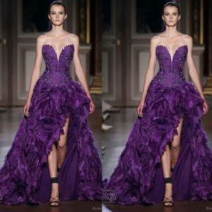 Zuhair Murad Фиолетовый Привет Lo Пром платья пера Милая Ruffle Lace Блестки Вечерние платья Формальные Runway моды платье