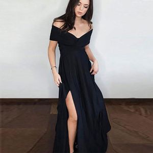 Neue elegante von der Schulter V-Ausschnitt Langes Abend Partykleid mit Schlitz A-Line Chiffon Black Prom Dress