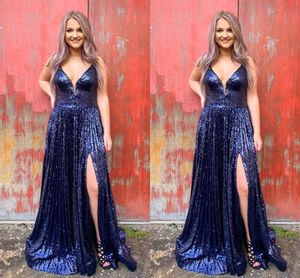 Navy Blue 2021 Prom Dresses Sparkly Sequins Spaghetti Straps Ruched Pleats Custom Made Side Slit Floor Length Formal Evening Gown