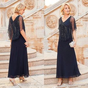 2023 Navy Blue Mother Off Bride Dresses Chiffon V Neck Crystal Beading Crystal Ankle Längd Plus Size Mother of the Bride Dress