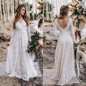 Romantik Tam Dantel Boho Gelinlik 2021 Uzun Kollu V Boyun Açık Geri Plaj Gelinlikler Bohemia Ülke Gelin Elbise Vestidos de Noiva