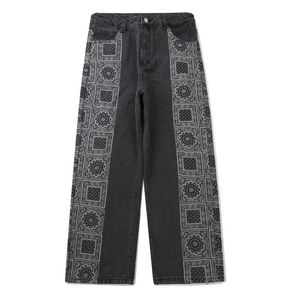 Mäns Jeans Hip Hop Patchwork Side Pattern Print Denim Casual Streetwear Harajuku Straight Pant Man Oversized Jogger Men Byxor 2021