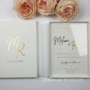 Beliebte Hochzeitskarten aus Acryl mit Goldfolie und maßgeschneiderter Box, Lieferung im Großhandel mit kundenspezifischen Luxuseinladungs-Hochzeitskarten