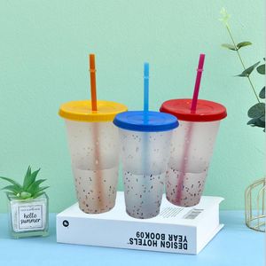 Wholesale straw confetti resale online - 24oz Color Changing Confetti Cup Plastic Drinking Tumblers with Straw Summer Reusable cold drinks cup magic Coffee beer mugs