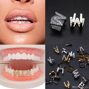 Gold & White Gold Iced Out A-Z Custom Letter Grillz Full Diamond Teeth DIY Fang Grills Cosplay Tooth Cap Hip Hop Dental Mouth Teeth Braces