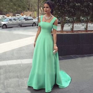 Mint Satin Prom Dresses Long vestidos de graduación Simple Formal Evening Dress Straps Side Sleeves A line Prom Gown New Arrive