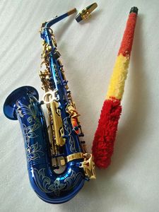 Ny Alto Saxofon Eb Tune Brass Musical Instrument Blue Body Gold Lacquer Key Sax med fallmunstycke