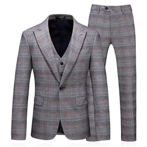 Herrenanzüge, dreiteiliger Anzug (Jacke + Hose + Weste), grau karierter Herrenanzug mit einem Knopf, Business-Büroanzug, Bankett-Formalanzug