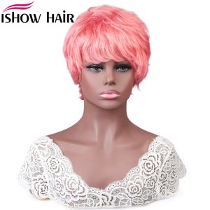 Ishow Brazilian Straight Wave Human Hair Wigs with Bangs Hot Pink Boy Girl Costume Wigs Peruvian Colored None Lace Wig Wet and Wavy