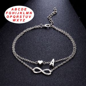 Venda quente moda 925 prata infinidade amor coração pulseiras 26 letras iniciais bracelete de tornozeleira para jóias por atacado