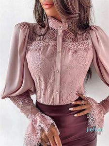 Moda - Top e camicette da donna Elegante camicia a maniche lunghe in pizzo da donna Slim aderente blusa feminina Abiti da donna da ufficio