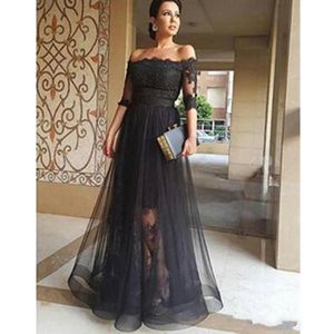 Black A Line Prom Long 1/2 Sleeve Tulle Lace Appliques Floor Length Formal Dresses Evening Gowns See Through Vestidos Ogstuff