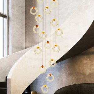 Dubleks merdiven uzun kolye hafif kristal modern minimalist nordic led dairesel halka villa aydınlatma merdivenleri oturma odası lambası