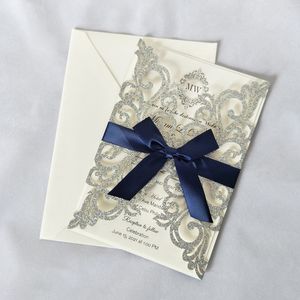 Multi Color Personalized Print Glitter Invitations for Wedding Silver Glittery Custom Laser Cut Quinceanera Inbjudan med Navy Blue Bow