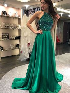 Green A-Line New Halter Satin Beaded Backless Party Maxys Long Prom Gown Graduation Evening Dresses Robe De Soiree