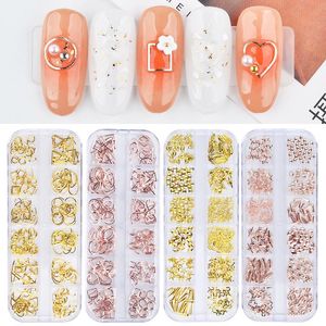 Rose Gold Hollow 3D Nail Art Decorations Dekororen Mix Metal Frame Nail Rivets Glänsande Charm Manicure Tillbehör Nail Art Decorations