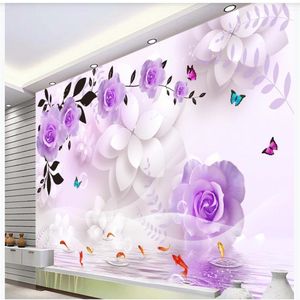 klassisk målning tapeter lila ros bakgrundsbilder 3d tredimensionell blomma mjukt paket vardagsrum TV bakgrundsvägg