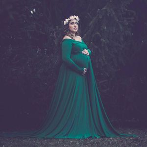 Zwangerschap Off schouders jurk voor baby shower foto rekwisieten kleden zwangere vrouwen lange mouw maxi zwangerschaps shoot y200805