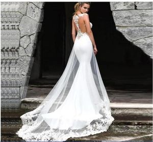 Cheap Lace Appliqued Mermaid Wedding Dresses With Attached Train Vintage Sheath Beach Bohemian Bridal Gown BM1529