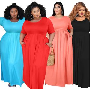 Plus size 3X 4XL 5XL Summer Women bigger size one-piece dress short sleeve black maxi dress solid color casual dress long skirt 3701