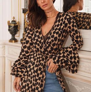 Chegada Nova Womens vestido estampado Long Sleeve Leopard Casual com mangas queimado eet Estilo Vestidos Praia solto Shirt Saia Tamanho S-2XL