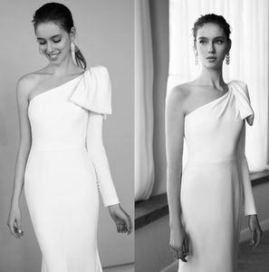 2021 Lihi Hod Denizkızı Gelinlik Basitçe Saten Tek Omuz Uzun Kollu Backless Gelinlik Gelin Modelleri vestidos de Noiva