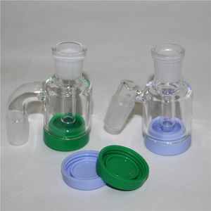 Cachimbo de água de vidro Ash Catcher 14mm 18mm com recipiente de silicone de 7ml Mini Glas Bong AshCatchers Thick Pyrex Clear Bubbler Ashcatcher 45 90 Graus