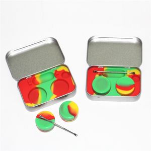 Portable metal tin box 2-5ml silicone container jars, non-stick storage wax carrying case with extra dabber tool spoons